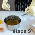 We mix the lye solution into the oils.